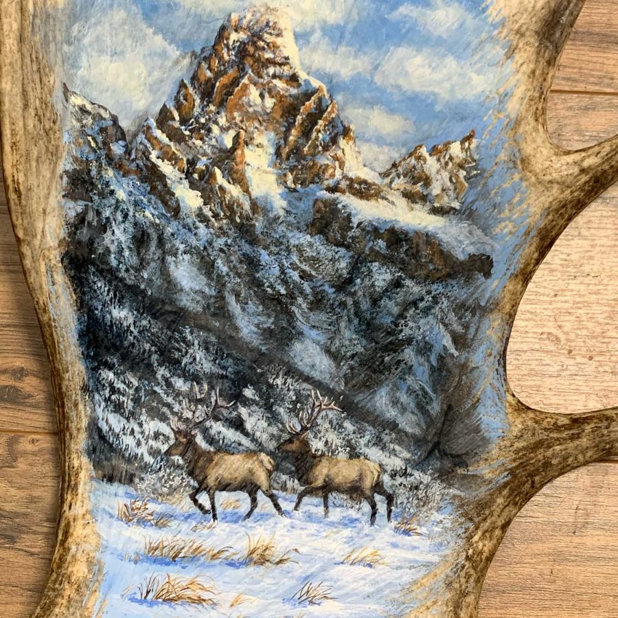 Elk Migration in the Tetons Moose Antler Painting